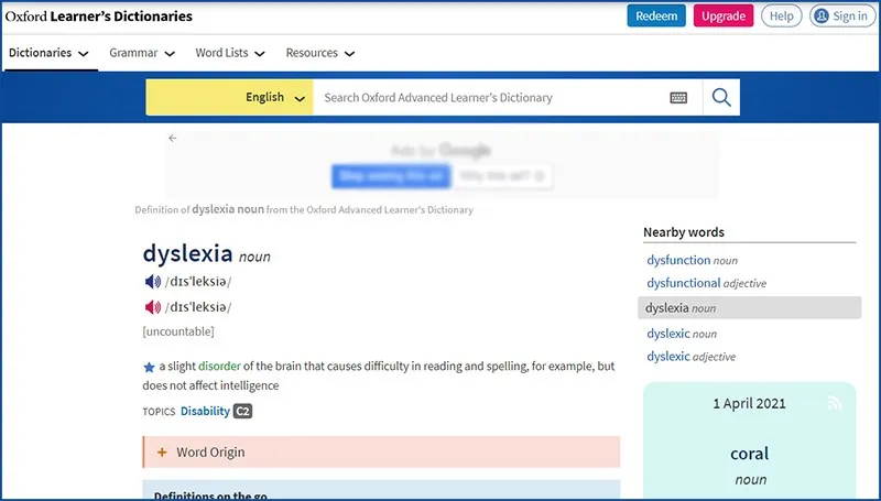 Giao diện từ điển Oxford Learner