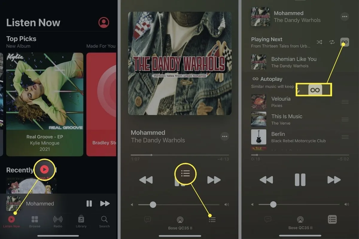 Turning off Autoplay settings in Apple Music app on iPhone.