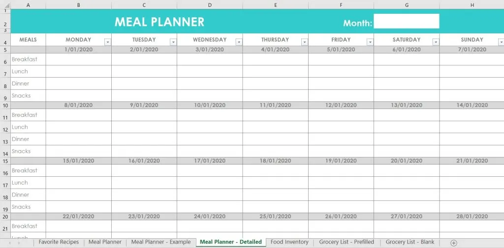 meal planning breakfast lunch dinner snacks family menu plan monthly editable customisable excel spreadsheet template google sheets mac