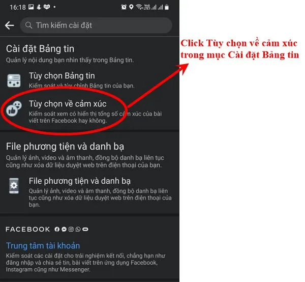 Click Tùy chọn về cảm xúc trong Cài đặt bảng tin