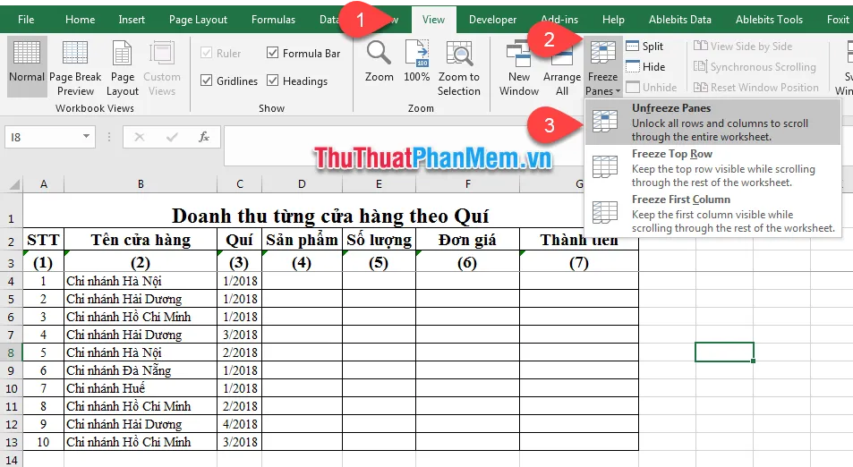 Chọn mục Unfreeze Panes