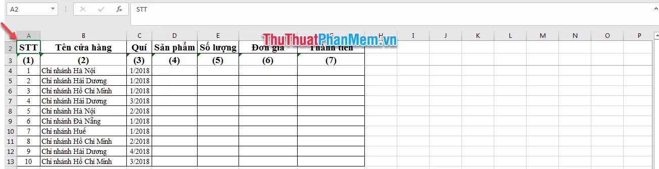 Dòng số 1 của Excel đã bị ẩn