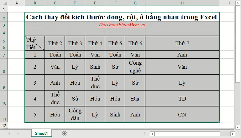 Thay đổi kích thước dòng cột bằng nhau trong Excel