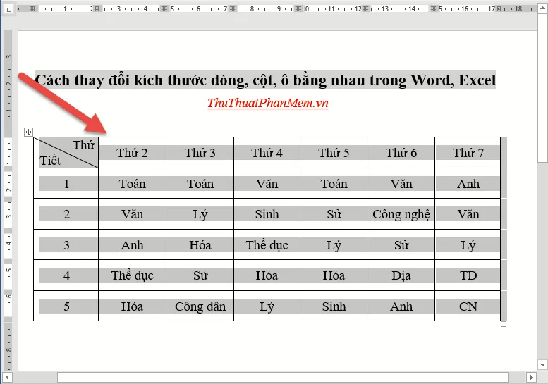 Đã thay đổi kích thước dòng và cột của bảng bằng nhau