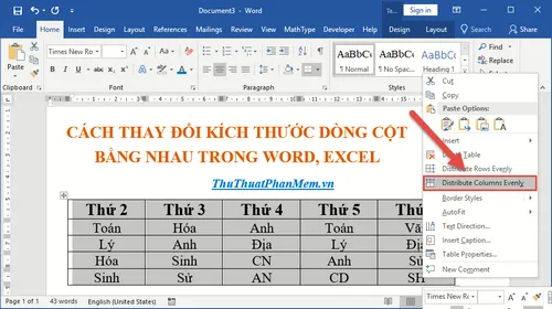 Cách thay đổi kích thước dòng, cột, ô bằng nhau trong Word, Excel