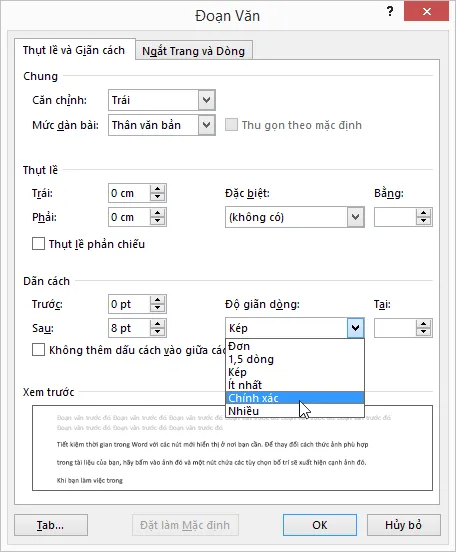 Sử dụng hộp thoại Đoạn văn để đặt giãn cách cụ thể hơn giữa các dòng văn bản