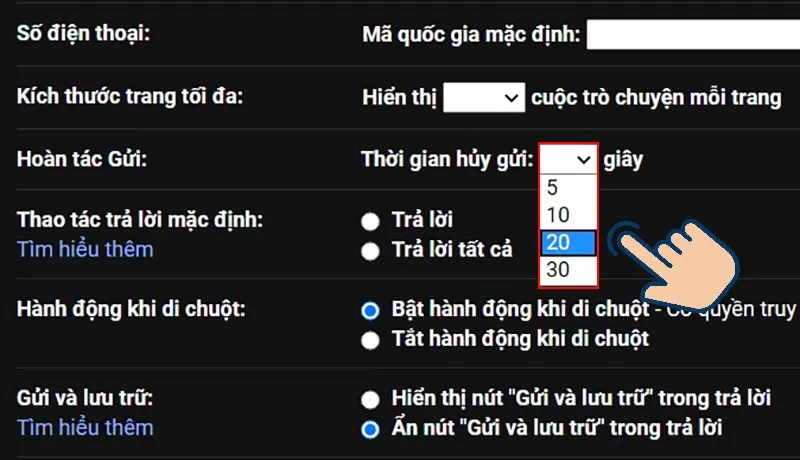 Kéo tìm mục Hoàn tác gửi và chọn thời gian có thể huỷ gửi.