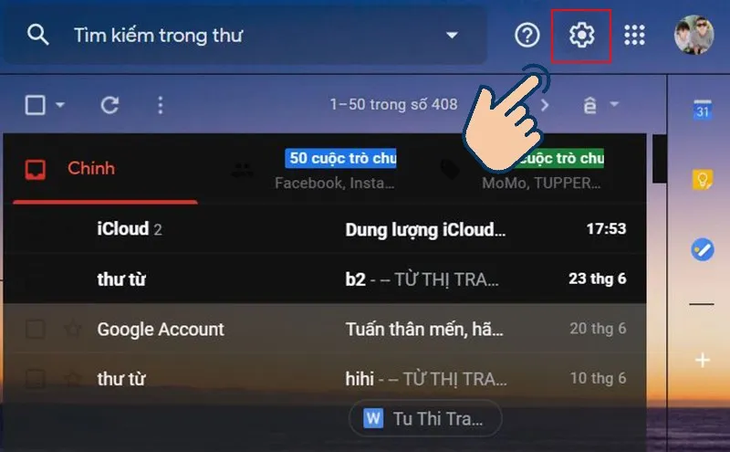 vào Gmail và chọn vào icon răng cưa.