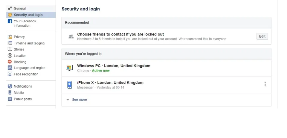 Facebook theo dõi những thiết bị nào đã được sử dụng để đăng nhập vào tài khoản của bạn. (Ảnh: Facebook).
