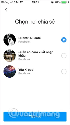 Chọn tài khoản Facebook