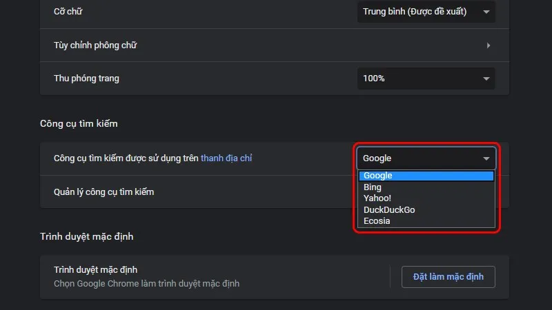 Đặt Công cụ tìm kiếm trên thanh địa chỉ là Google, Bing, Yahoo
