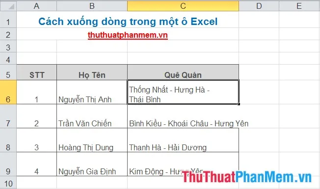 Cách xuống dòng trong một ô Excel 5