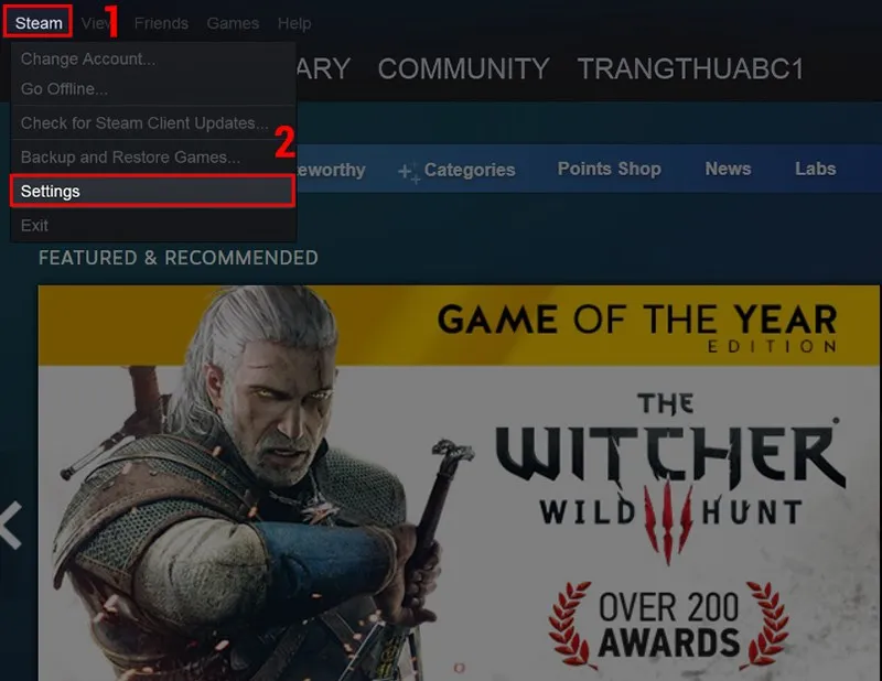 Đầu tiên tại giao diện chính của Steam bạn hãy chọn vào Steam và nhấn vào Settings.