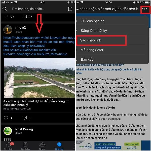 Nhấn vào bài viết muốn chia sẻ chọn sao chép link