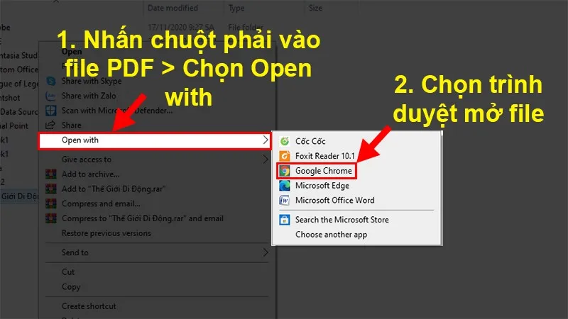 Nhấp chuột phải vào file PDF bạn muốn in  Chọn Open with  Chọn trang Web bạn muốn thực hiện (ở đây mình sử dụng Google Chrome)