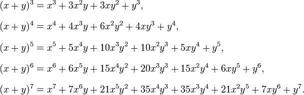  \begin{align} (x+y)^3 & = x^3 + 3x^2y + 3xy^2 + y^3, \\[8pt] (x+y)^4 & = x^4 + 4x^3y + 6x^2y^2 + 4xy^3 + y^4, \\[8pt] (x+y)^5 & = x^5 + 5x^4y + 10x^3y^2 + 10x^2y^3 + 5xy^4 + y^5, \\[8pt] (x+y)^6 & = x^6 + 6x^5y + 15x^4y^2 + 20x^3y^3 + 15x^2y^4 + 6xy^5 + y^6, \\[8pt] (x+y)^7 & = x^7 + 7x^6y + 21x^5y^2 + 35x^4y^3 + 35x^3y^4 + 21x^2y^5 + 7xy^6 + y^7. \end{align} 