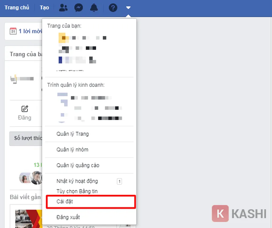 Đăng nhập Facebook trên máy tính = Chọn "Cài đặt"