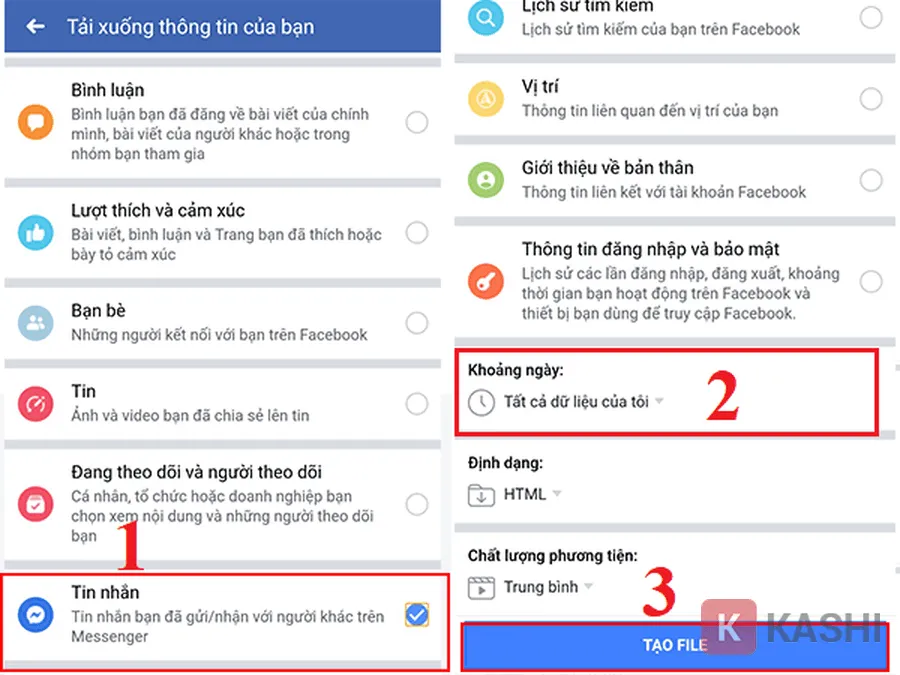 Tick chọn "Tin nhắn" = Thời gian = Tạo File