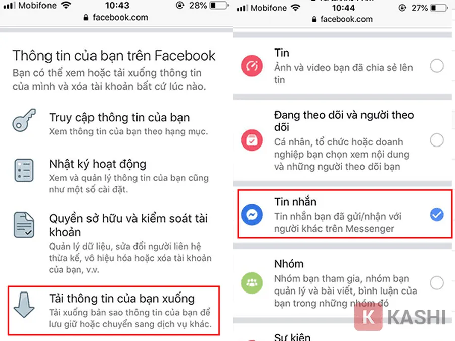 Chọn "tin nhắn" và "tải thông tin của bạn xuống"