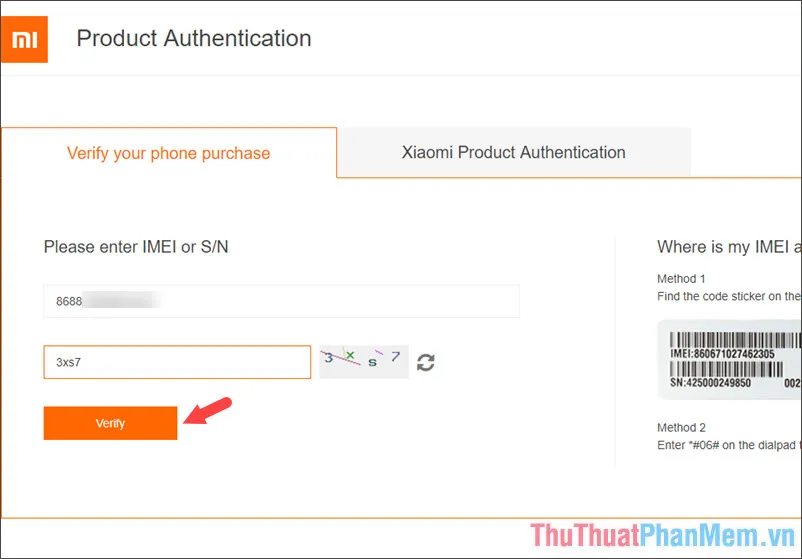 Nhập số IMEI trên máy và mã xác nhận rồi bấm chọn Verify