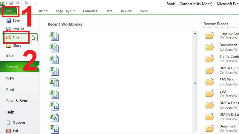 Trong Microsoft Excel chọn mục File rồi chọn Open