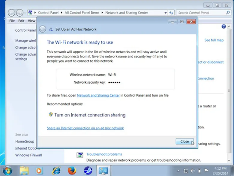 Chọn Turn on Internet connection sharing để kích hoạt khi dùng laptop phát wifi win 7