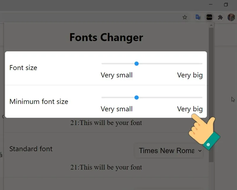 Điều chỉnh thanh công cụ ở mục Font size và Minimum font size 