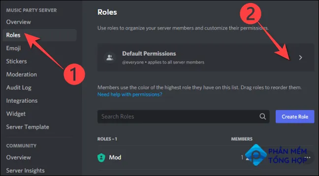 Select "Roles" from the left column and choose "Default Permissions" on the right-hand side.