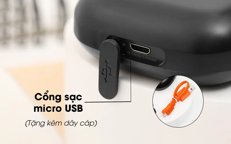 Kèm theo sẵn cổng sạc micro USB thông dụng - Tai nghe Bluetooth JBL T120TWSBLK Đen