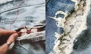 Tái chế quần jean rách gối cũ thành quần jean mới cực chất bằng cách may vải ren bên trong