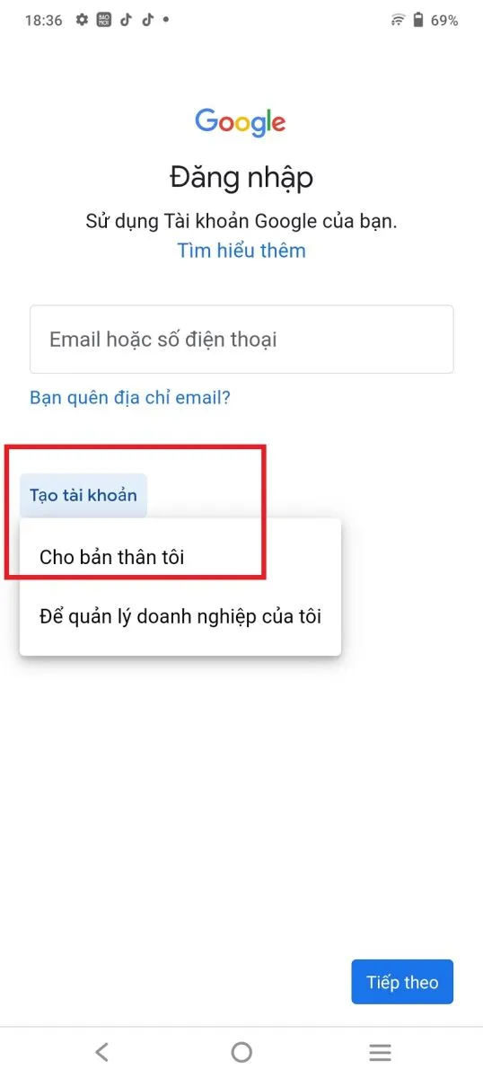 Bước 2: Chọn Tạo tài khoản
