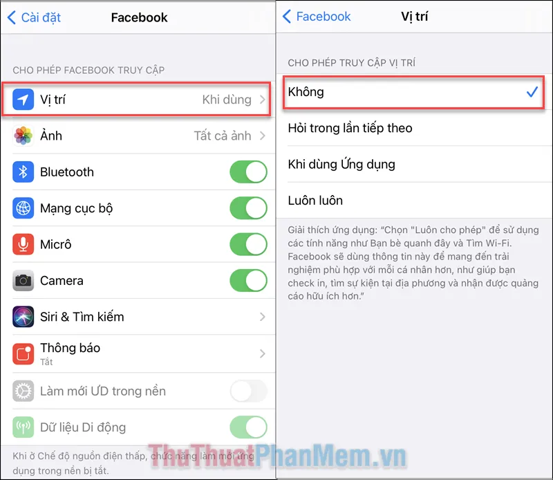 Hãy lựa chọn bạn không cho phép Facebook truy cập vị trí