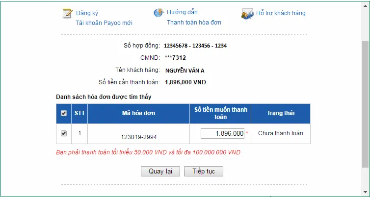 Thanh toán thẻ tín dụng FE CREDIT qua payoo bước 2