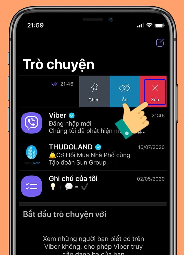 Sử dụng ngón tay kéo từ phải qua trái tại cuộc trò chuyện với người bạn muốn xóa