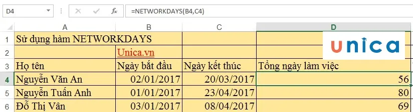 Mô tả cách sử dụng hàm NETWORKDAYS. Hình 1