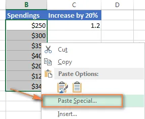 Use Paste Special to increase an entire column of numbers by percentage