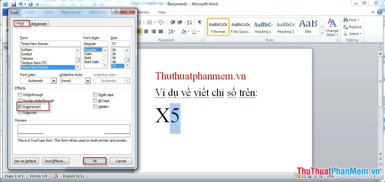 Ví dụ cách tạo chỉ số trên trong word