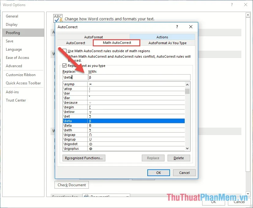 Sử dụng cụm từ gõ tắt thay thế cho các kí tự toán học trong tab Math AutoCorrect