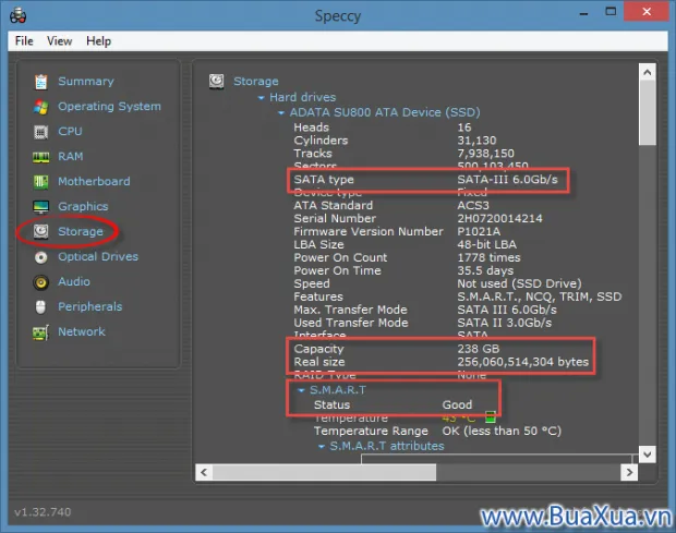 Speccy hiển thị thông tin chi tiết của Storage - Thiết bị lưu trữ