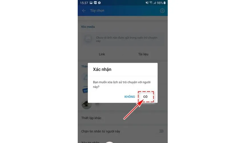 Xóa tin nhắn zalo trên điện thoại, chọn "Có" để thực hiện xoá tin