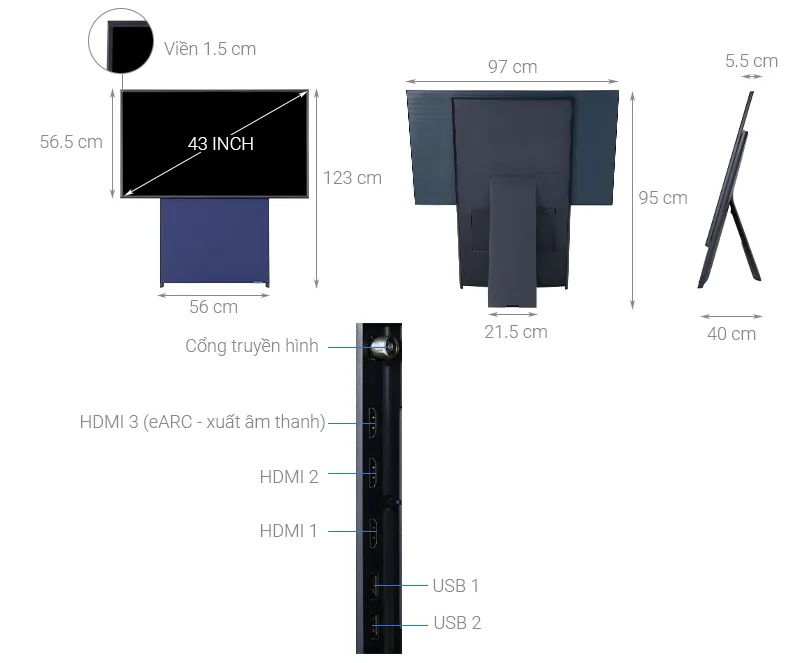 Thông số kỹ thuật Smart Tivi Màn Hình Xoay The Sero QLED Samsung 4K 43 inch QA43LS05T