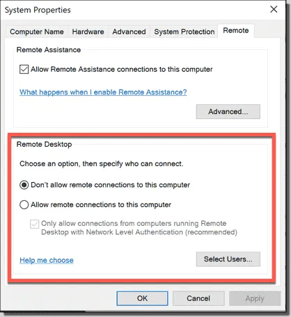 Remote computer RDP settings