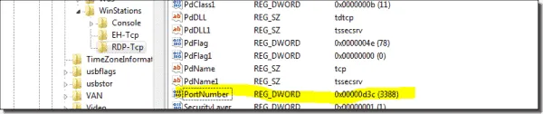 RDP port setting from the registry