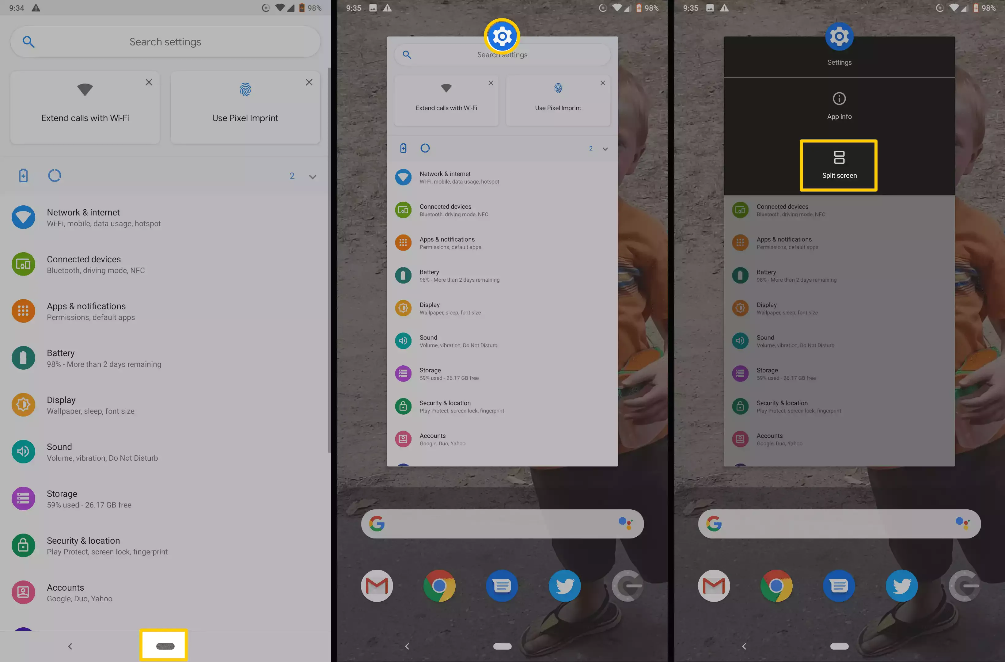 Ảnh chụp màn hình cho biết cách truy cập tùy chọn Chia đôi màn hình trong Android gốc.