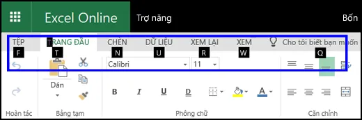 Ruy-băng Excel cho web hiển thị tab Trang chủ và Mẹo Phím trên tất cả các tab