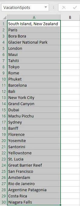 Named range in Excel containing popular vacation spots.