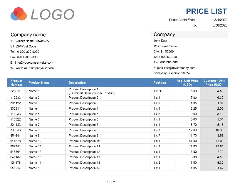 Price List with Customer List Screenshot