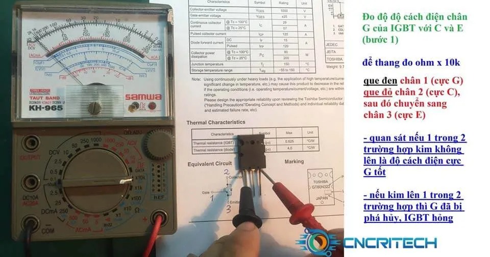 Đo độ cách điện chân G của IGBT với chân C và E bước 1