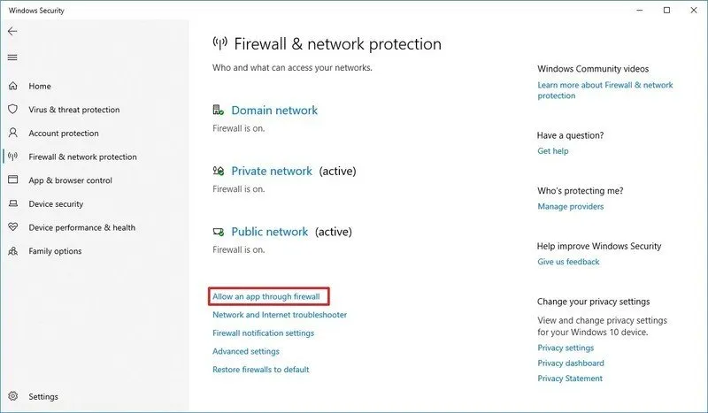 Windows Security allow app through firewall option