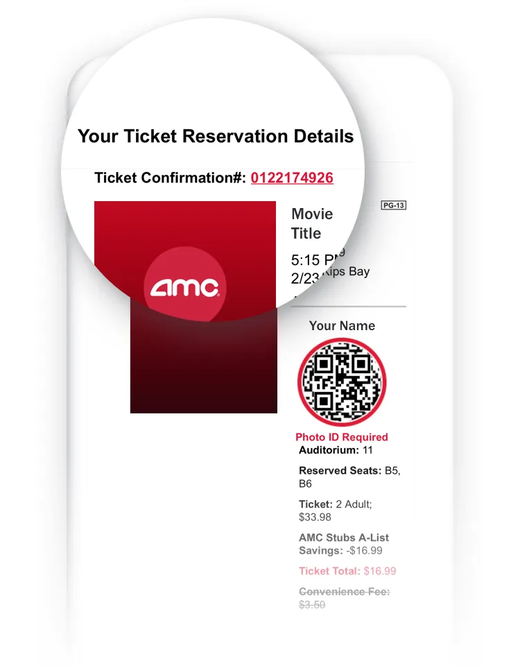 Picture of a phone screen with the AMC ticket confirmation email.